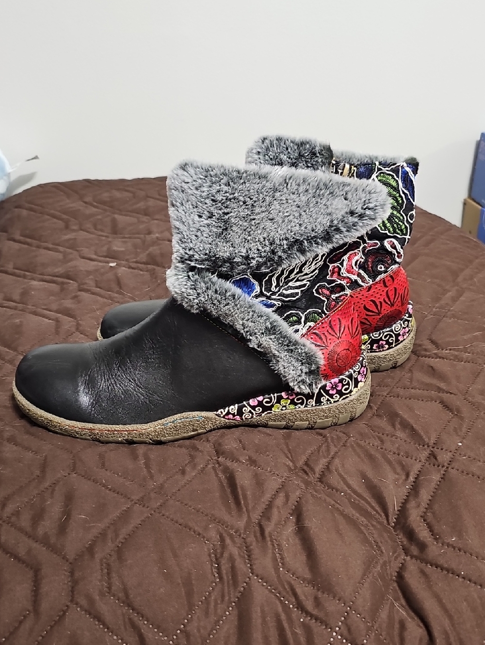 Women's Black Faux Fur-Trim Ankle Booties with Multicolor Embroidered Accents